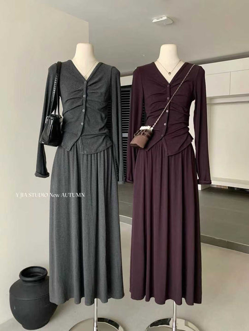 Casual Buttons Down Tops with Skirts Sets